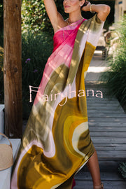Summertime Favorites Satin Tie Dye Print One Shoulder Drape Vacation Maxi Dress