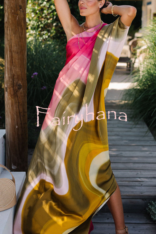 Summertime Favorites Satin Tie Dye Print One Shoulder Drape Vacation Maxi Dress