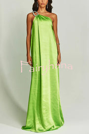 Charming Glance Satin Metal Hardware One Shoulder Loose Maxi Dress