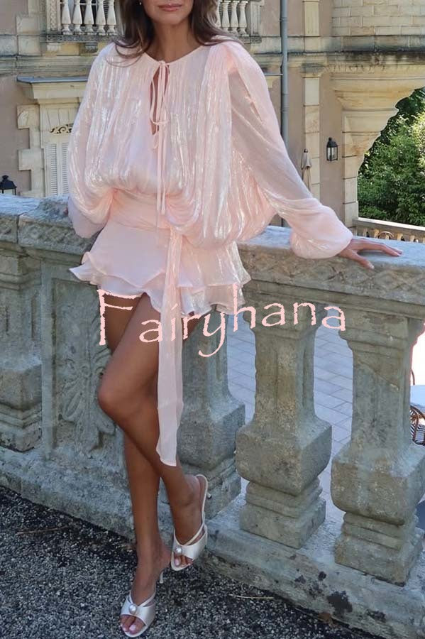 Ninah Glitter Fabric Pleated Balloon Sleeve Tiered Ruffle Hem Mini Dress