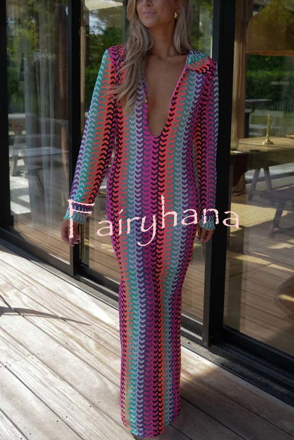 Eleanor Knit Colorful Wave Unique Print Shirt U-neck Long Sleeve Slit Maxi Dress