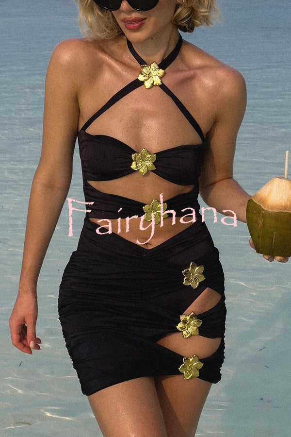 Sun and Sea Hollow Metal Flower Decoration Stretch Mini Skirt