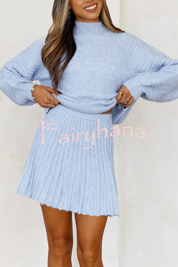Solid Color Round Neck Puff Sleeve Loose Knit Sweater and Casual Striped Mini Skirt Set