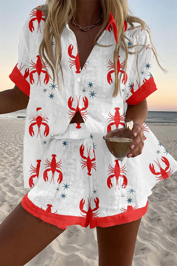 Fun Lobster Print Loose Button Elastic Waist Shorts Set