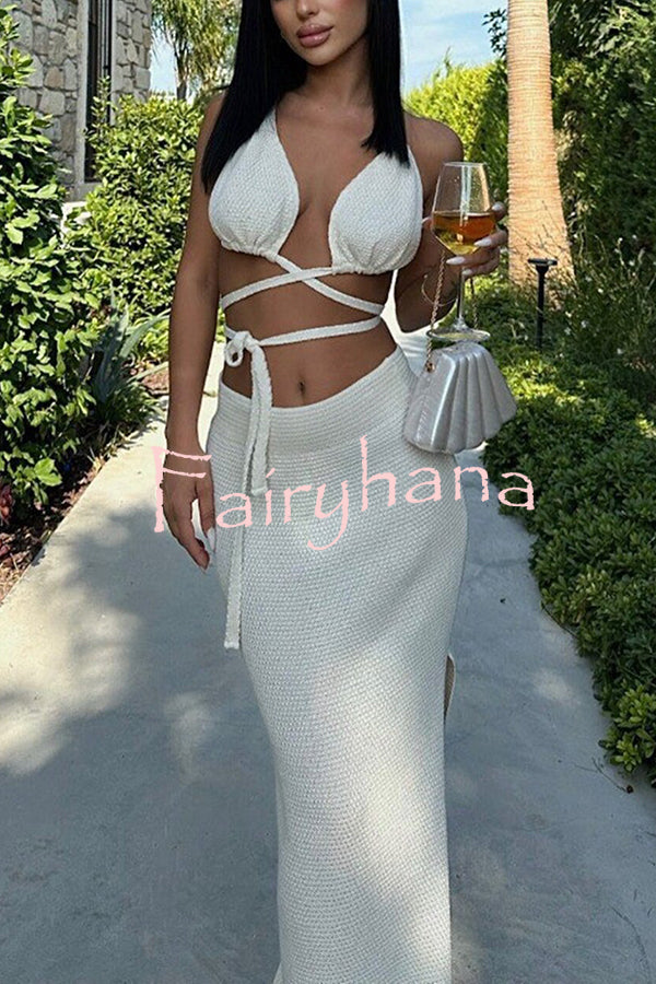 Solid Color Sexy Lace-up Swimsuit and Knitted Elastic Slit Beach Maxi Skirt Set