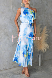 Satin Unique Print One Shoulder Tie Waist Slit Maxi Dress