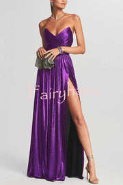 Goddess Temperament Metallic Pleated Fabric Off Shoulder Slit Maxi Dress