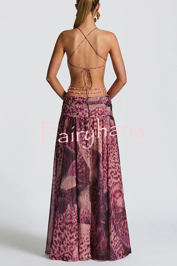 Kinara Leopard Print Deep V-neck Metal Flower Hollow Beads Detail Slit Maxi Dress