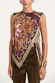 Stunning Floral Print Asymmetric Tassel Trim Scarf Top