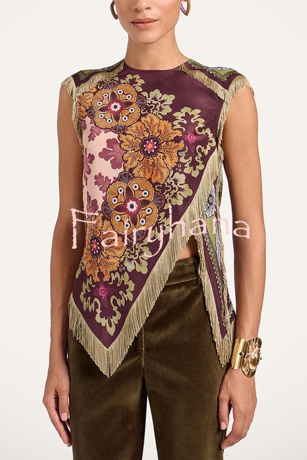 Stunning Floral Print Asymmetric Tassel Trim Scarf Top