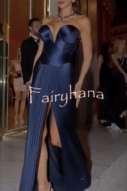 Stunning The Audience Plissé Satin Off Shoulder Drape Slit Gown Maxi Dress