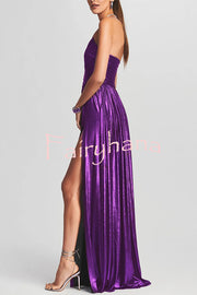 Goddess Temperament Metallic Pleated Fabric Off Shoulder Slit Maxi Dress