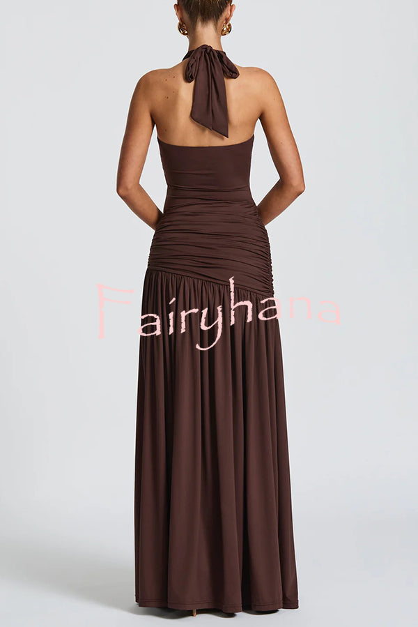 Solid Color Halter Neck Backless Slim Fit Pleated Slit Maxi Dress