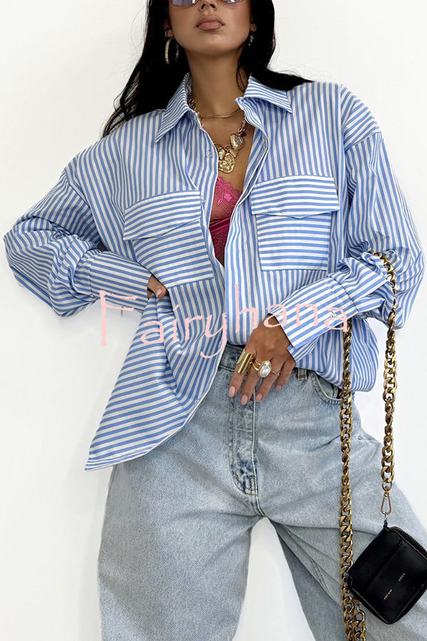 Stripe Print Lapel Long Sleeve Pocket Casual Shirt