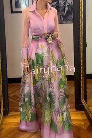 Seeds of Happiness Tulle Floral Print Elastic Waist Belt Pocketed Maxi Skirt