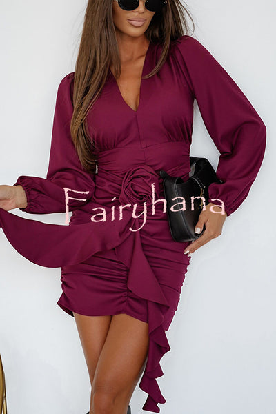 Lily Satin V-neck Floral Embellishment Long Sleeve Ruched Mini Dress