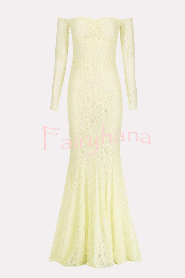 Sexy Off Shoulder Long-sleeved Lace Slim Fishtail Maxi Dress
