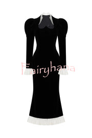 Baroque Style Velvet Lace Trim Sweetheart Neck Long Sleeve Flare Midi Dress