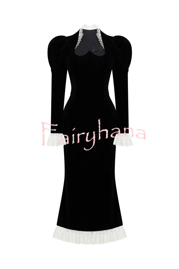 Baroque Style Velvet Lace Trim Sweetheart Neck Long Sleeve Flare Midi Dress