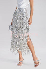Evening Charm Layered Sequined Tassels High Rise Back Zipper Slit Midi Skirt