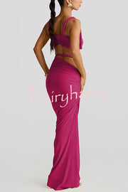 Sexy Halter Back Braided Suspender Top and Beach Holiday Style Hip-wrapped Maxi Skirt Set