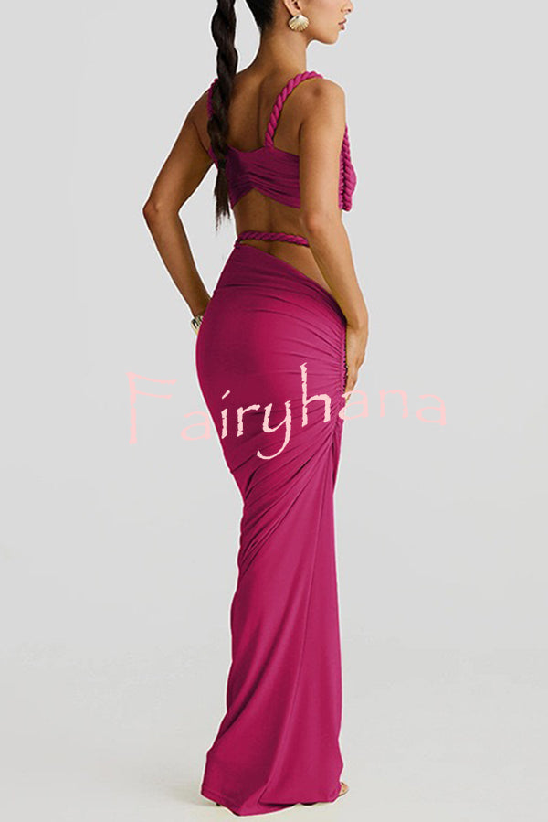 Sexy Halter Back Braided Suspender Top and Beach Holiday Style Hip-wrapped Maxi Skirt Set