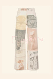 Historic Imagery Unique Print High Rise Pocketed Wide Leg Jeans