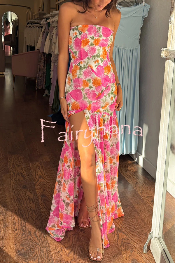 Floral Print Elegant Strapless Fitted Slit Maxi Dress
