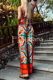 Ethnic Style Unique Print Tube Top and Elastic Waist Casual Pocket Wide Leg Pants Set