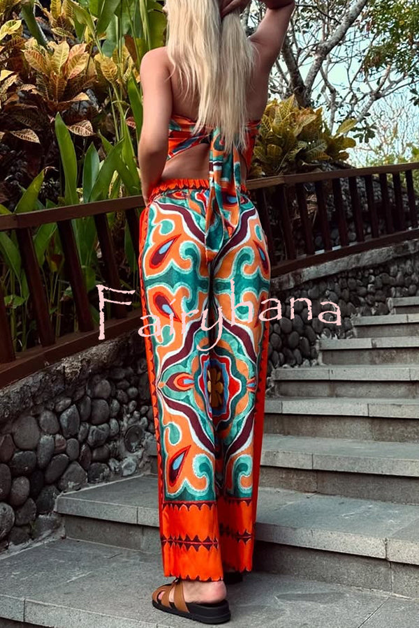 Ethnic Style Unique Print Tube Top and Elastic Waist Casual Pocket Wide Leg Pants Set