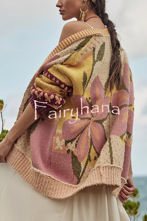 Floral Pattern Loose Long-sleeved Knitted Cardigan