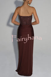 Carina Sequined and Satin Jersey Off Shoulder Ruched Knot Drape Maxi Dress