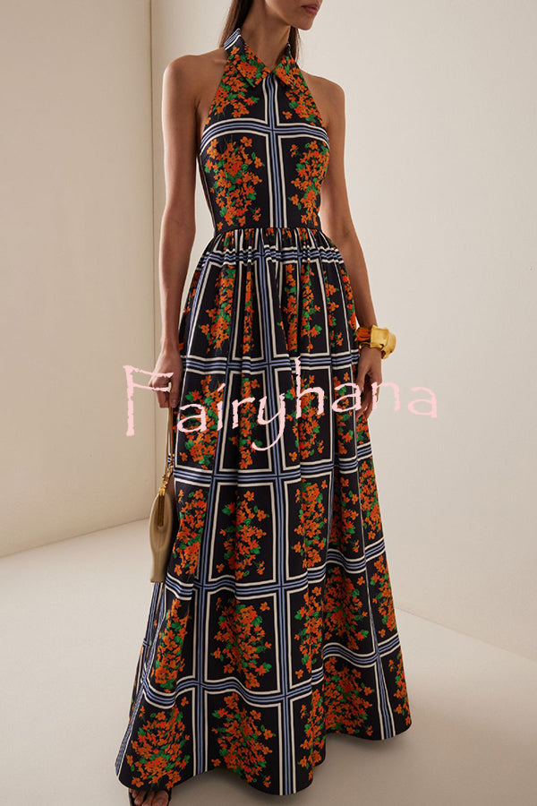 Floral Print Sexy Halter Neck Maxi Dress