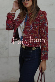 Vintage Bohemian Printed Chinese Style Buttons Long Sleeve Crop Jacket