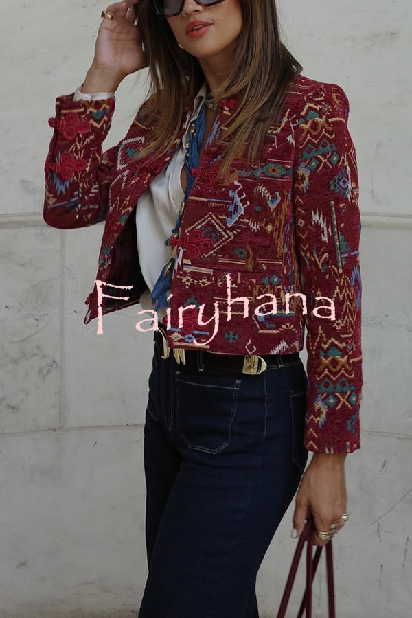 Vintage Bohemian Printed Chinese Style Buttons Long Sleeve Crop Jacket