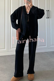 Solid Color V-neck Tie Long-sleeved Loose Knit Cardigan and Elastic Waist Casual Straight Leg Pants Set