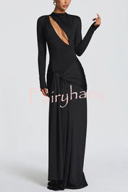 Sexy Cutout Fitted Long-sleeved Pleated Satin Ribbon Maxi Dresses