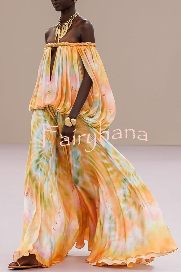 Gorgeous 70s Dream Tie-dye Print Off Shoulder Braid Cutout Detail Drape Maxi Dress
