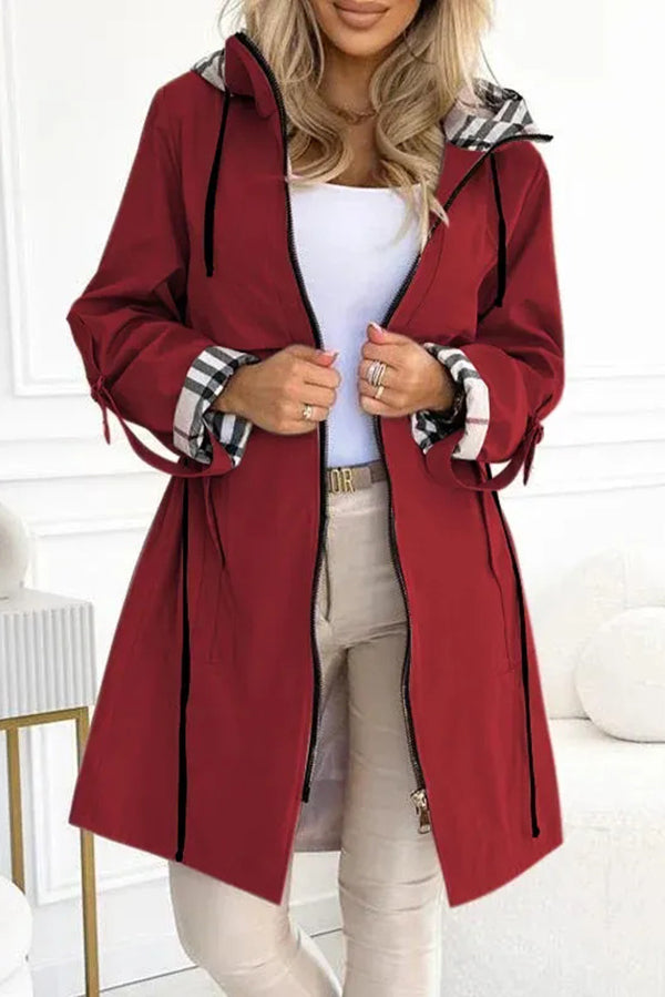 Fashionable Hooded Long-sleeved Zipper Plaid Casual Mid-length Jacket