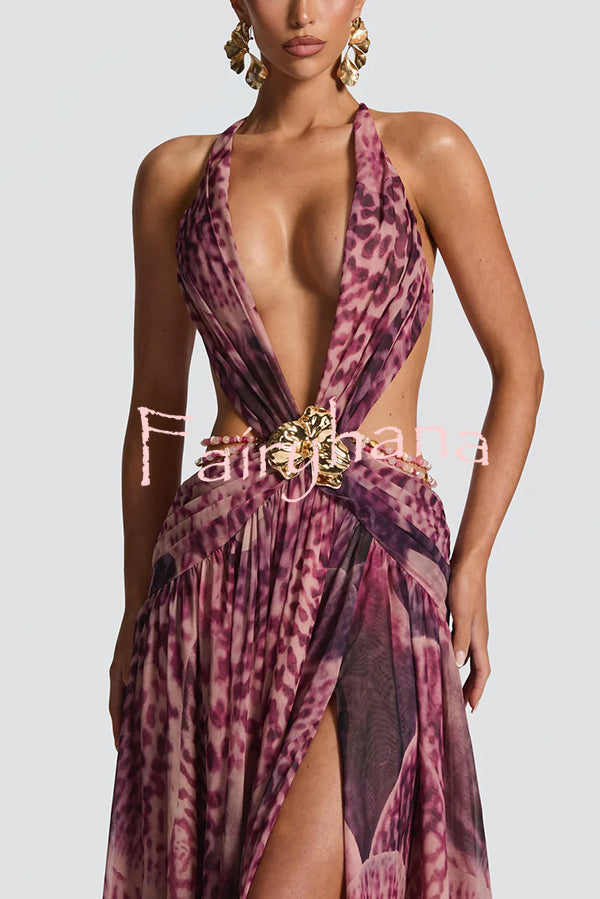 Kinara Leopard Print Deep V-neck Metal Flower Hollow Beads Detail Slit Maxi Dress