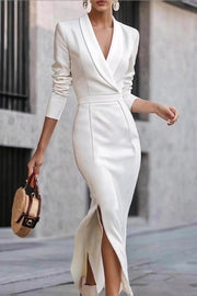 Solid Color Long-sleeved High-waist Slim-fit Slit Midi Dress