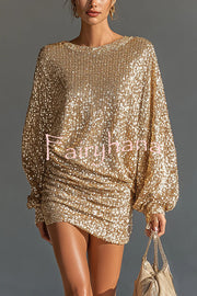 Glow Season Sequin Long Lantern Sleeve Ruched Hip Loose Mini Dress