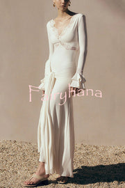 Fashion Lace Splicing Sexy V-neck Long-sleeved Slim Maxi Dress