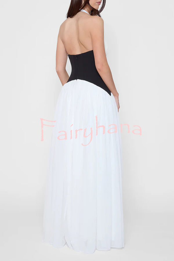 Fashionable Color Matching Sexy Halter Neck Waist Maxi Dress