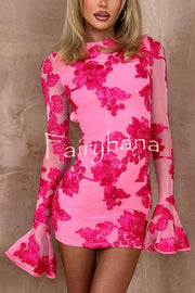 Floral Embroidery Round Neck Long Sleeve Sexy Slim Fit Mini Dress