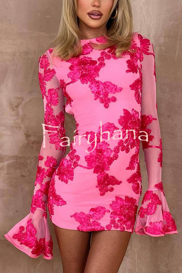 Floral Embroidery Round Neck Long Sleeve Sexy Slim Fit Mini Dress