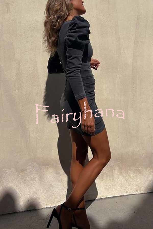 All The Best Denim Puff Sleeve Ruched Stretch Mini Dress