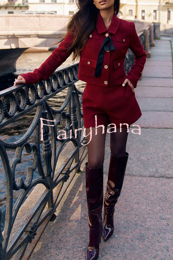 Sweet Dreams Tweed Bow Neck Button Long Sleeve Pocket Crop Jacket