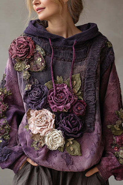 Floral Print Loose Hooded Long-Sleeved Sweatshirt