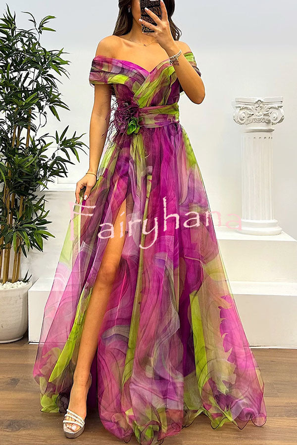 Jinnie Tulle Floral Feather Pendant Pleated Off Shoulder Slit Maxi Dress